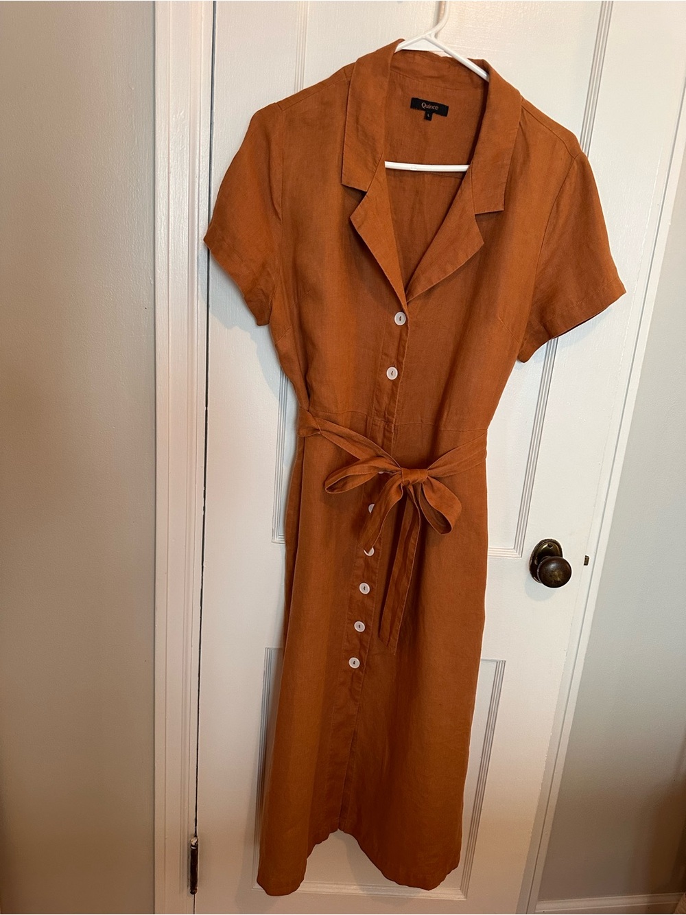 Quince 100% Linen European Button-Front Shirt Dress with Waist Tie, Terracotta L
